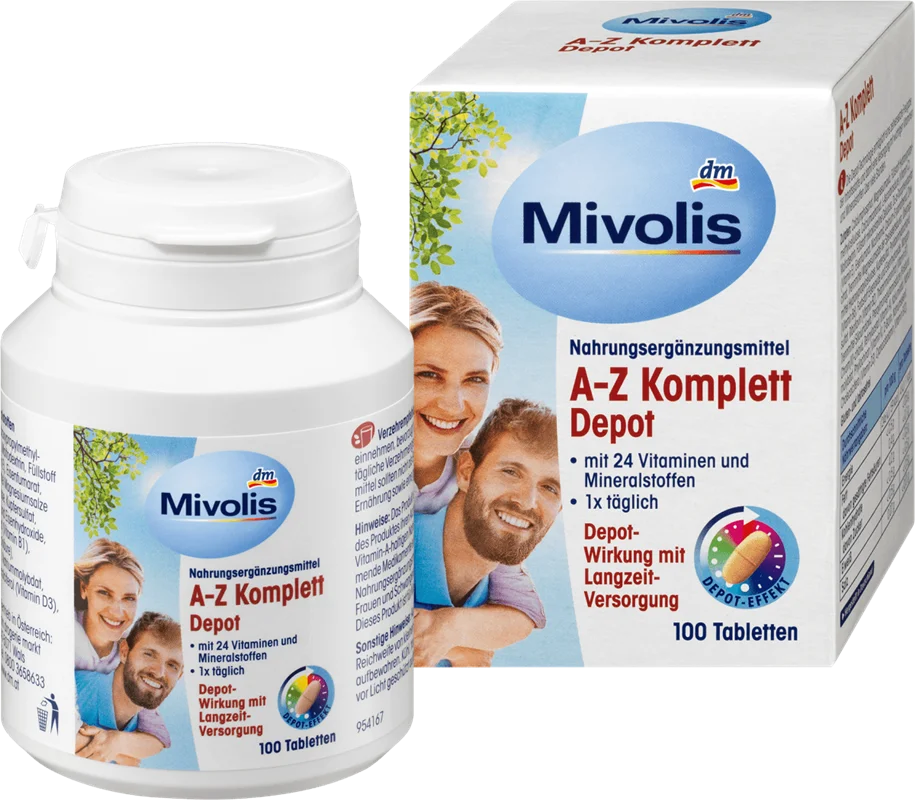 مولتی ویتامین A-Z میوولیس ۱۰۰ عددی ۱۳۸ گرم, برای زیر ۵۰ سال. Mivolis A-Z Komplett Depot, Tabletten, 100 St., 138 g